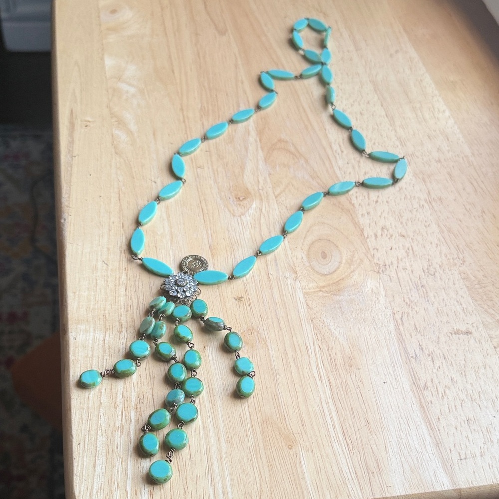 Vintage Aqua and Gold Necklace with Crystal Accent